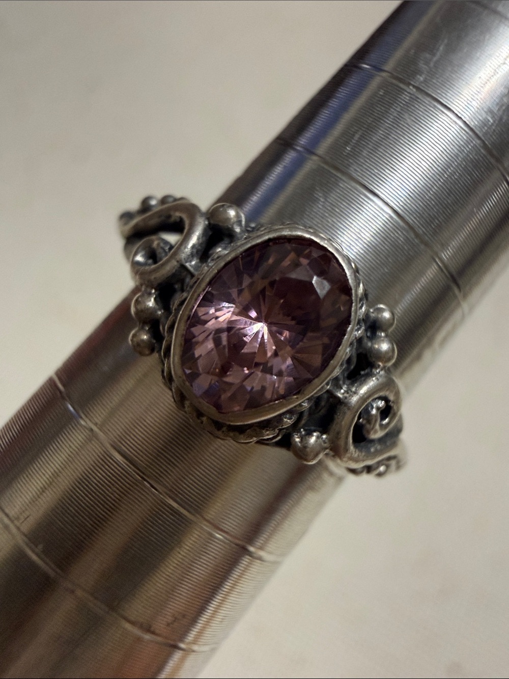 Sterling Silver 925 Filigree Ring with Pink Gemstone Crystal size 4.75 - Picture 4 of 12